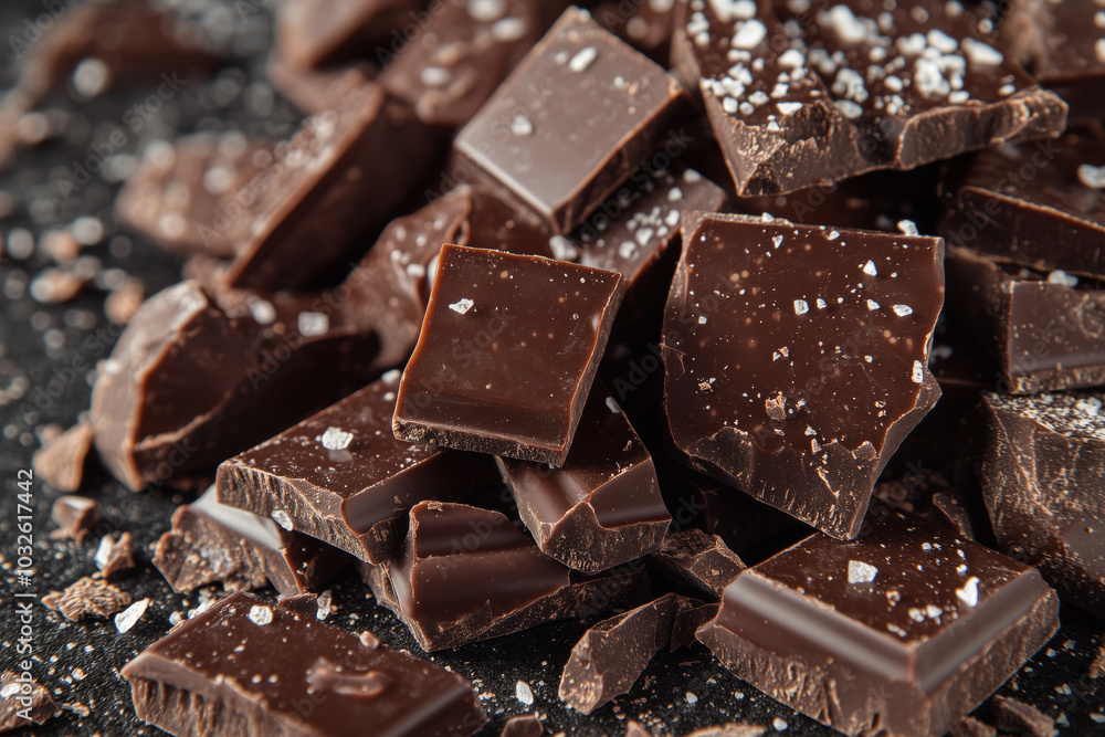 An exquisite display of dark chocolate pieces with a touch of sea salt An exquisite display of dark chocolate pieces with a touch of sea salt