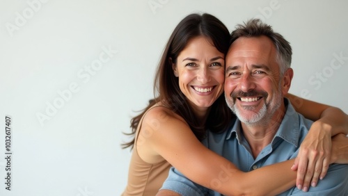 Happy smiling romantic middle aged couple, man and woman hugging while looking at camera on white background. Free space for text