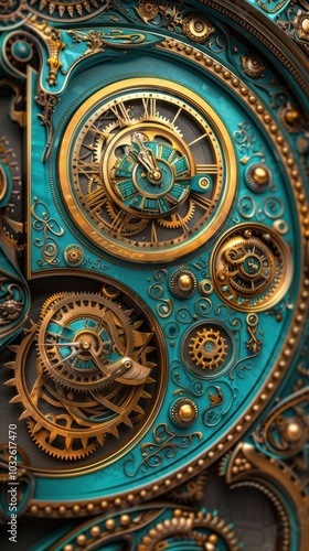 Intricate abstract mechanical gears in a high-tech style with vibrant turquoise and gold detailing