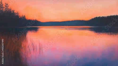 Serene sunset view over a tranquil lake reflecting vibrant pink and orange hues in the evening sky