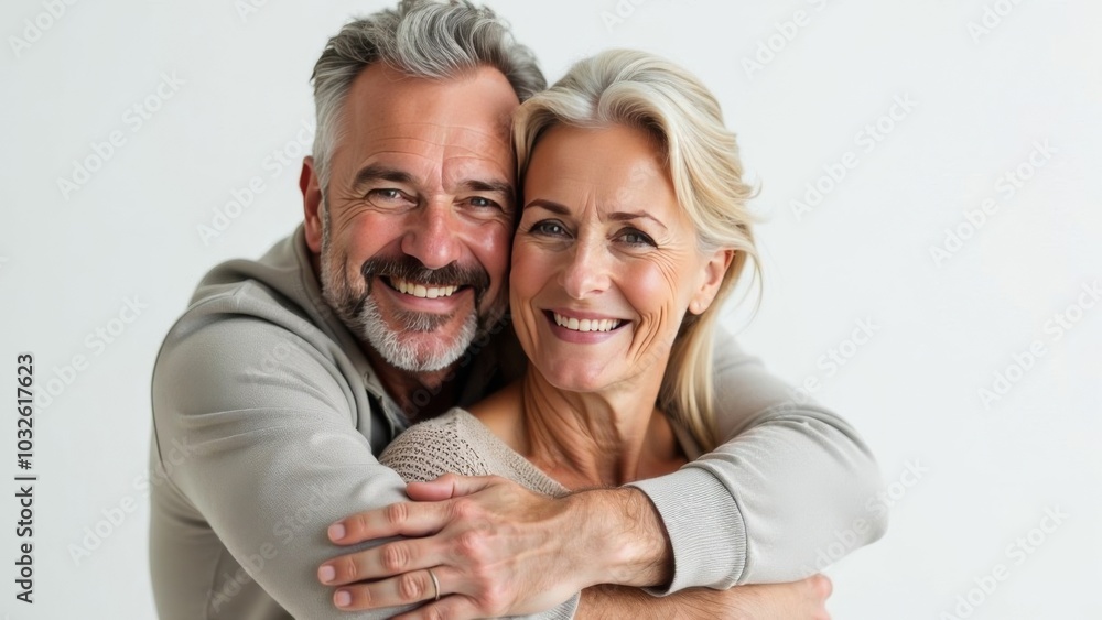 Happy smiling romantic middle aged couple, man and woman hugging while looking at camera on white background. Free space for text Happy smiling romantic middle aged couple, man and woman hugging while looking at camera on white background. Free space for text