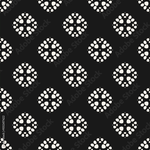 MobileSimple minimal monochrome seamless pattern. Abstract floral geometric texture. Black and white ornament with flower silhouettes, leaves, curved shapes, circles, dots. Minimal repeated geo backgr