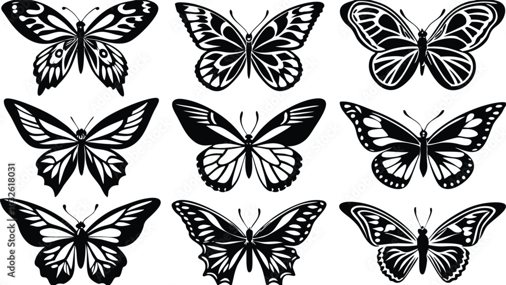 Fototapeta premium Diverse Black and White Butterfly Silhouette Collection