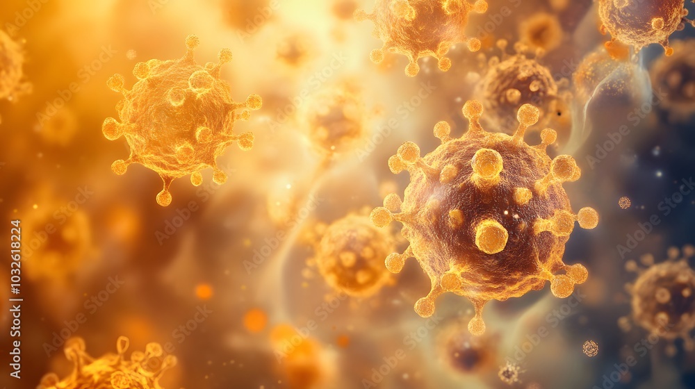Close-up under a microscope showing diseased cells in a biological organism, illuminated by warm, soft light, realistic style capturing the detailed textures and the impact of illness on cellular Close-up under a microscope showing diseased cells in a biological organism, illuminated by warm, soft light, realistic style capturing the detailed textures and the impact of illness on cellular