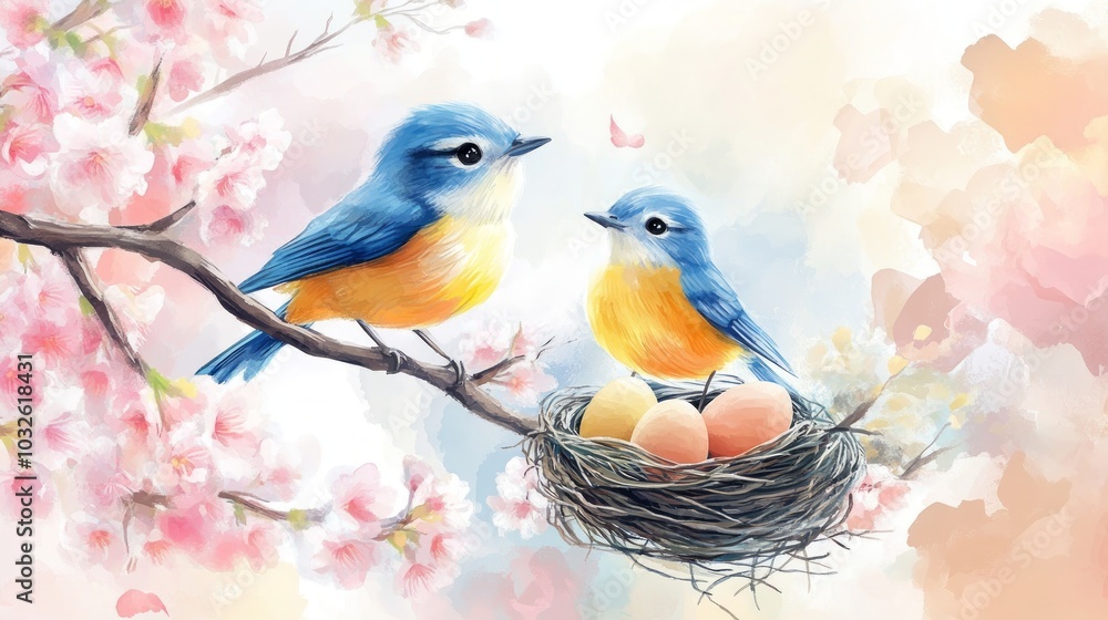Two colorful birds perched near a nest with eggs, surrounded by blooming flowers. Two colorful birds perched near a nest with eggs, surrounded by blooming flowers.