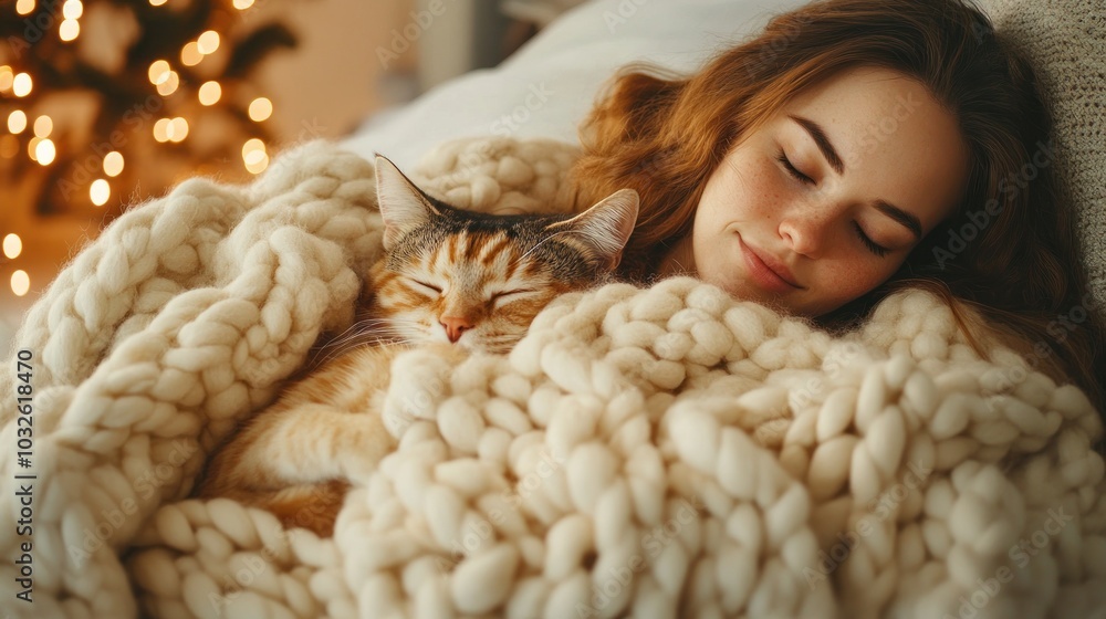A young woman sleeps peacefully in bed with her cat, wrapped in a cozy blanket. The warm glow of Christmas lights shines in the background. A young woman sleeps peacefully in bed with her cat, wrapped in a cozy blanket. The warm glow of Christmas lights shines in the background.