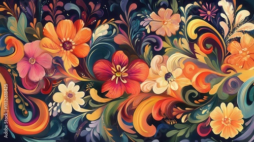 Vibrant Petrykivka-style floral patterns with swirling colors in a beautiful artistic composition