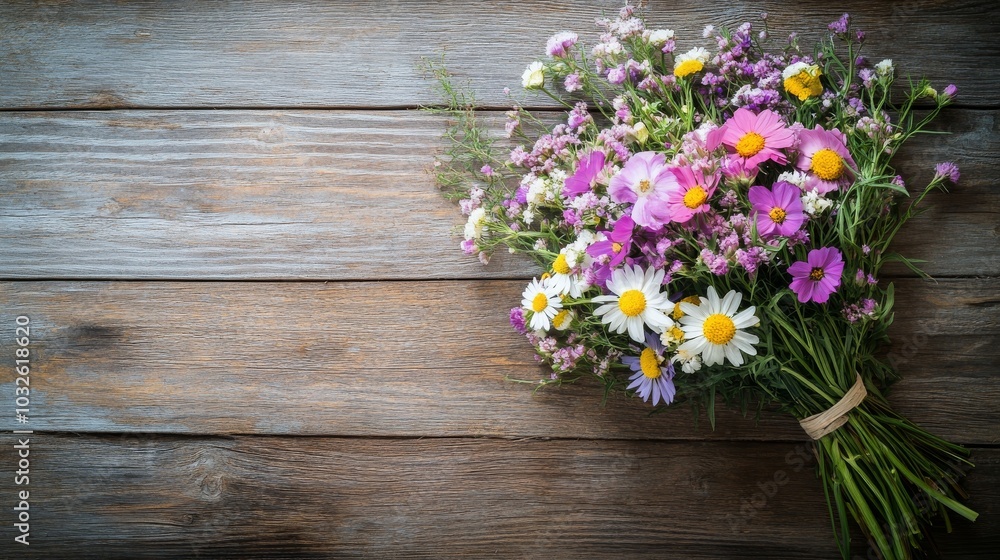 Wildflowers in various colors beautify a wooden table showcasing natures artistry and charm Wildflowers in various colors beautify a wooden table showcasing natures artistry and charm