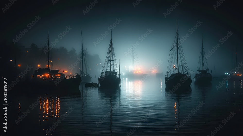 Dark Foggy Harbor at Night with Silhouetted Ships Dark Foggy Harbor at Night with Silhouetted Ships