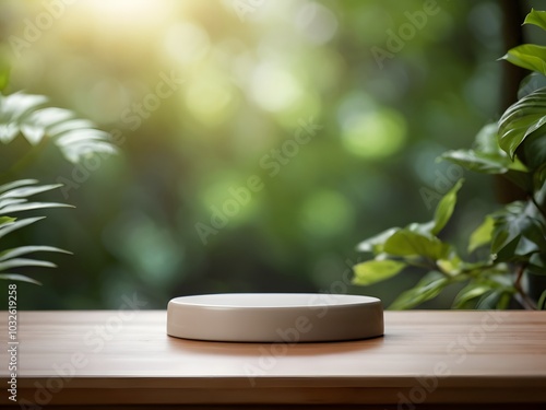 ceramic podium for displaying products with blurred green leaves background