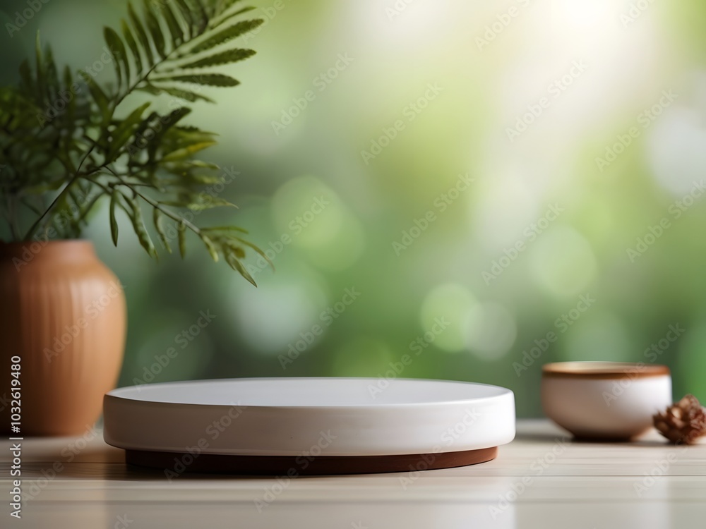 ceramic podium for displaying products with blurred green leaves background ceramic podium for displaying products with blurred green leaves background