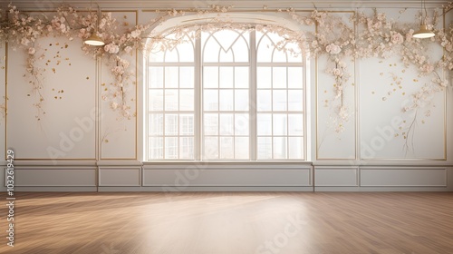 A graceful ballet studio with golden floral pattern in the upper part of the room photo