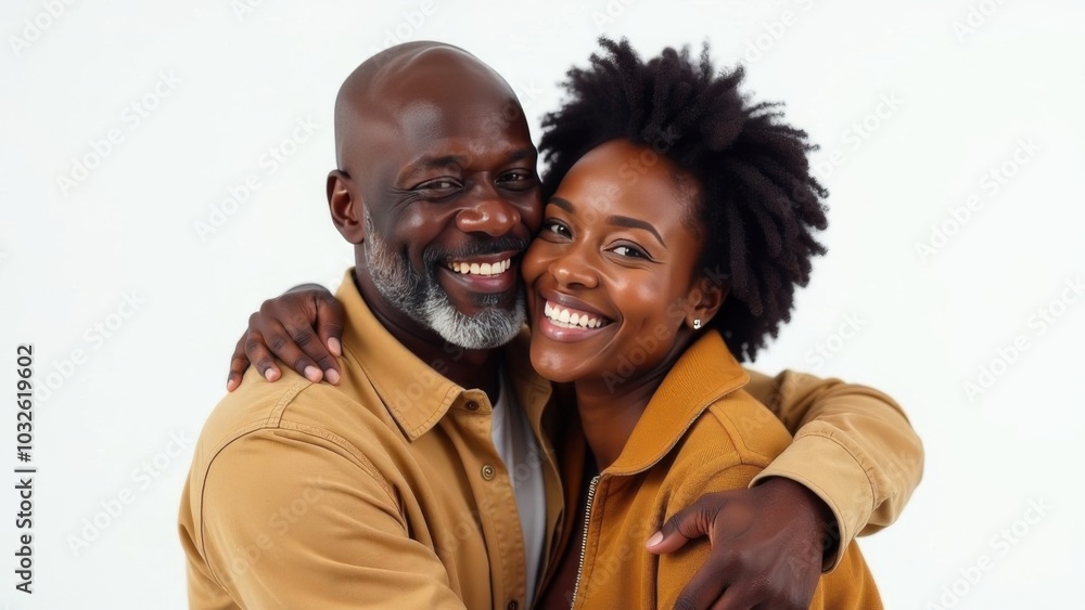 Obraz premium Happy smiling romantic middle aged African couple, man and woman hugging while looking at camera on white background. Free space for text