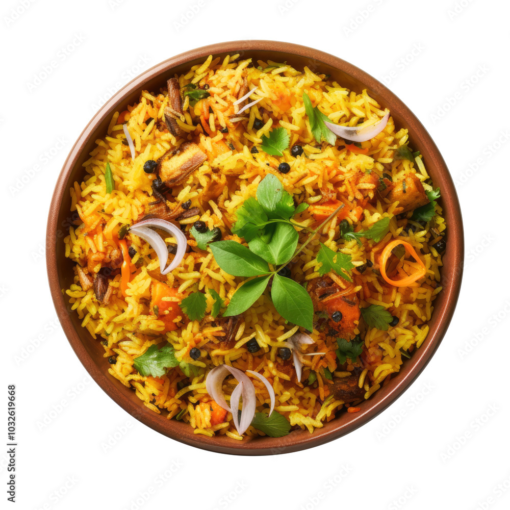Plate with chicken biryani isolated on transparent background, cliping path, top view Plate with chicken biryani isolated on transparent background, cliping path, top view