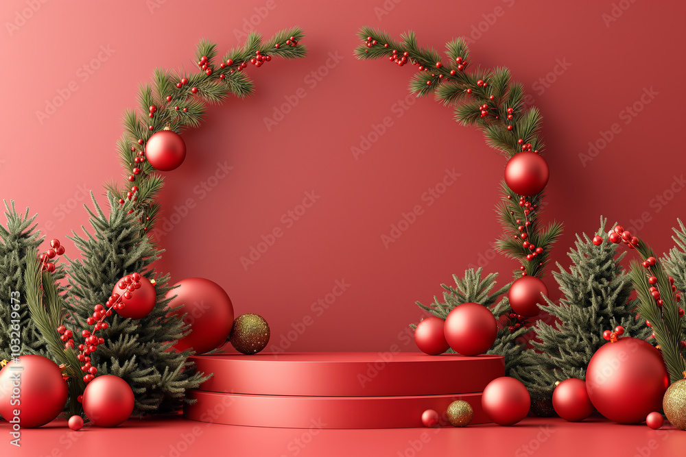 A red background with a Christmas tree and a red archway A red background with a Christmas tree and a red archway