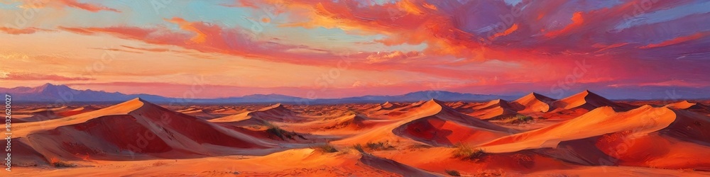 Fototapeta premium A surreal desert landscape featuring oversized sand dunes under a sky painted in vibrant sunset colors, evoking wonder and awe, Generative AI