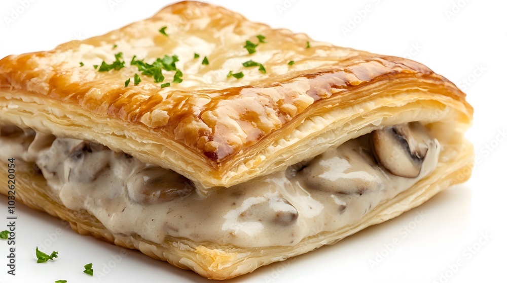 Realistic close-up of a puff pastry vol-au-vent filled with creamy mushroom sauce on a white background Realistic close-up of a puff pastry vol-au-vent filled with creamy mushroom sauce on a white background