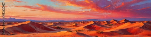 A surreal desert landscape featuring oversized sand dunes under a sky painted in vibrant sunset colors, evoking wonder and awe, Generative AI