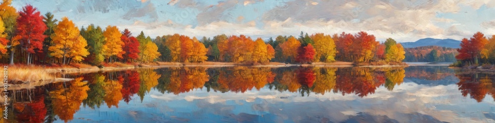A vibrant autumn landscape with trees adorned in brilliant red, orange, and yellow leaves, reflecting on a still lake, showcasing nature's beauty, Generative AI A vibrant autumn landscape with trees adorned in brilliant red, orange, and yellow leaves, reflecting on a still lake, showcasing nature's beauty, Generative AI
