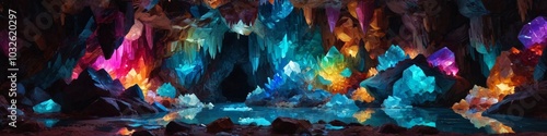 A mysterious cave illuminated by colorful crystals, reflecting light in various hues, creating an otherworldly atmosphere, Generative AI