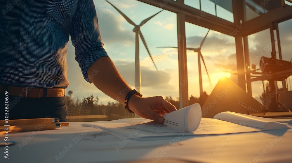 Engineer reviewing blueprints for a new turbine design, soft afternoon light creating warm tones, detailed focus on the engineer hands, blueprints, and advanced technology, backdrop of an organized Engineer reviewing blueprints for a new turbine design, soft afternoon light creating warm tones, detailed focus on the engineer hands, blueprints, and advanced technology, backdrop of an organized