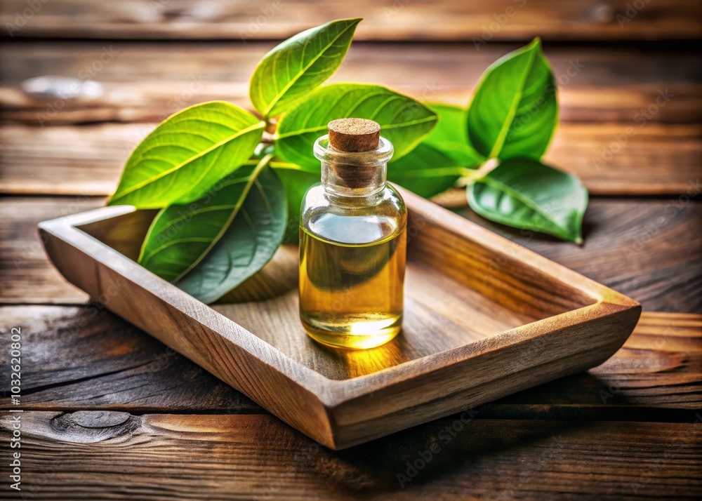 Oil Bottle on Wooden Tray with Green Leaves
