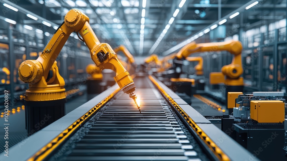 Modern Industrial Assembly Line with Robotic Arms Modern Industrial Assembly Line with Robotic Arms