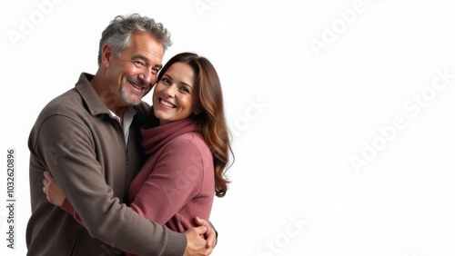 Happy smiling romantic middle aged couple, man and woman hugging while looking at camera on white background. Free space for text