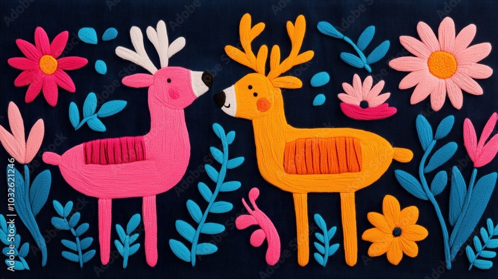 Fototapeta premium A whimsical illustration featuring two colorful deer surrounded by vibrant flowers and foliage against a dark background, creating a playful and lively atmosphere.