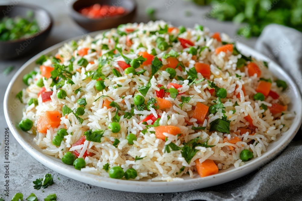 A Close-Up of a Plate of Vegetable Fried Rice A Close-Up of a Plate of Vegetable Fried Rice