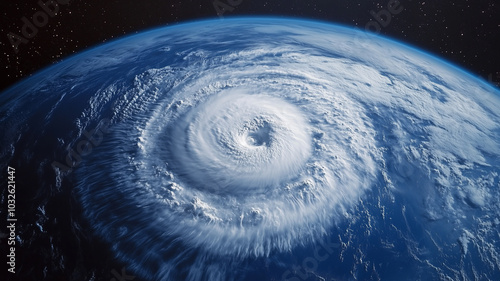 Aerial perspective of a hurricane demonstrating its power and scale perfect for use in presentations related to climate change and natural disasters