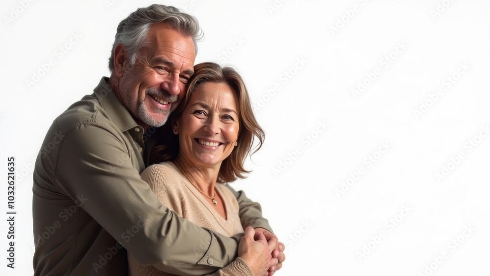 Happy smiling romantic middle aged couple, man and woman hugging while looking at camera on white background. Free space for text Happy smiling romantic middle aged couple, man and woman hugging while looking at camera on white background. Free space for text