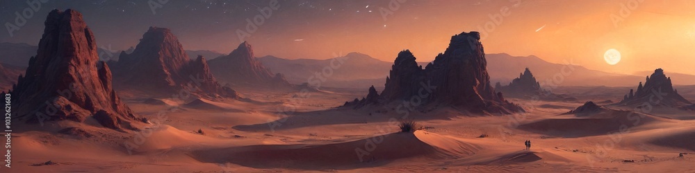 Naklejka premium An otherworldly desert where the sands glow at night and strange creatures roam, creating an atmosphere of mystery and intrigue, Generative AI
