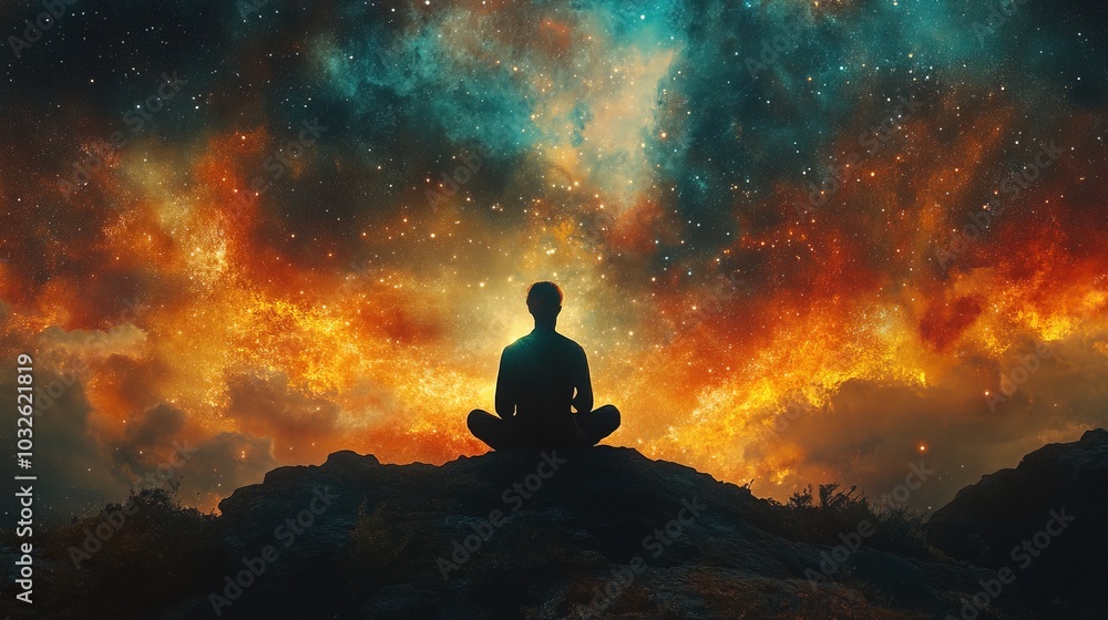 Silhouette, energy and meditation on cosmic background Silhouette, energy and meditation on cosmic background