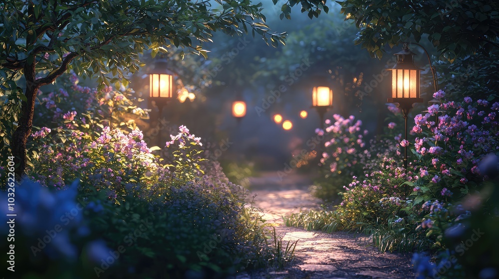 Enchanting Twilight Garden with Lanterns