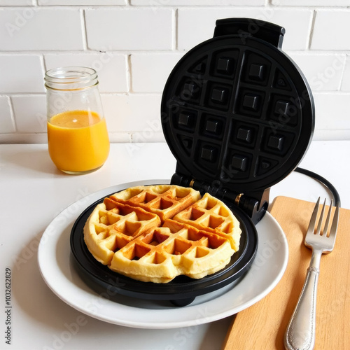 electric waffle maker for baking waffles at home on kitchen table and ready waffles photo