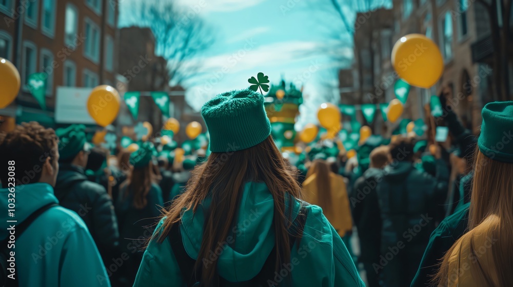 Fototapeta premium Woman wearing green beanie walking in saint patrick's day parade