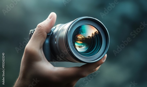 Hand holding camera lens with blurred reflection.