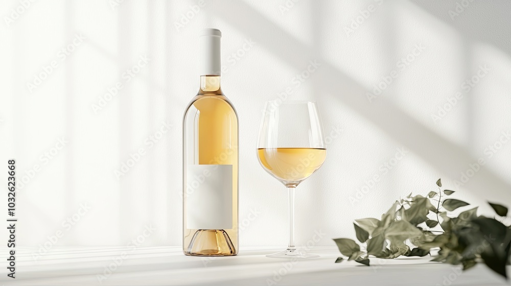 White wine bottle and glass on a sunlit table with leaves White wine bottle and glass on a sunlit table with leaves