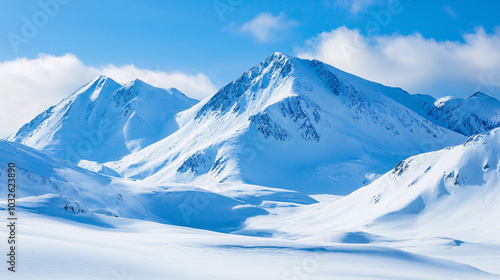 Snowy mountain peaks and blue sky landscape in winter