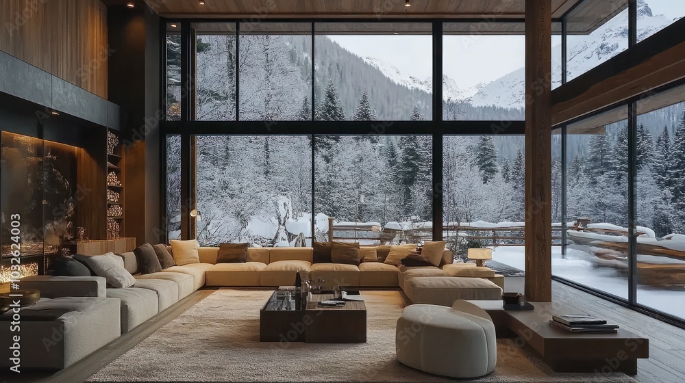 Modern chalet interior with a vast living room and large windows, capturing beautiful mountain scenery Modern chalet interior with a vast living room and large windows, capturing beautiful mountain scenery