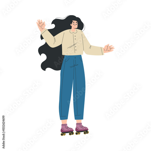 Woman Character Roller Skating Ride on Rollers Vector Illustration