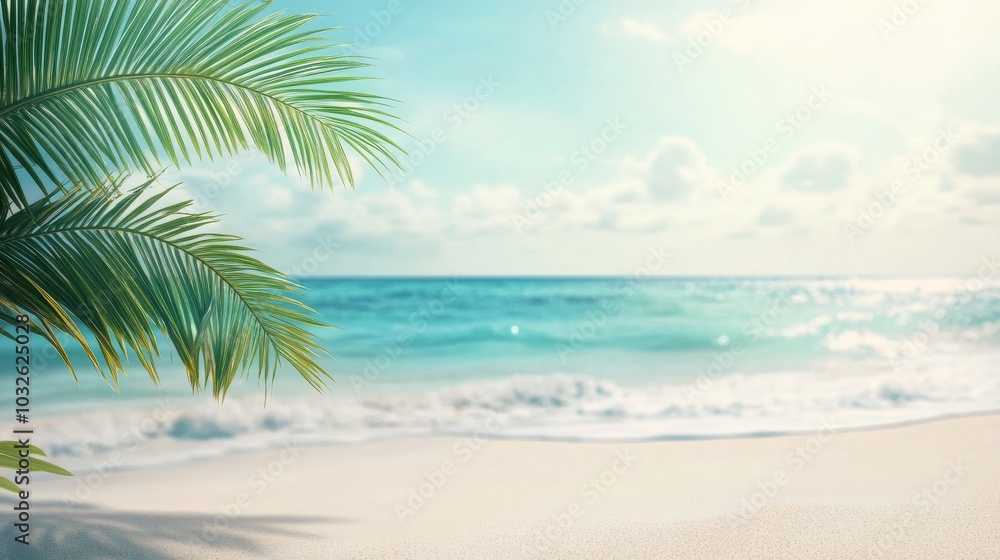 Naklejka premium A single palm frond sways gently framing the peaceful ocean waves under a bright sky