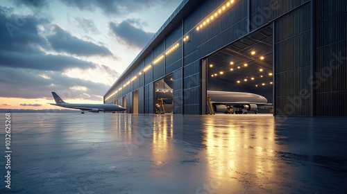 Modern Hangar with Large Sliding Doors at Dusk photo