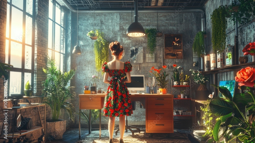 Fototapeta premium Young woman in floral dress standing in sunlit industrial studio filled with plants and artistic decor, embodying the spirit of girlhood design