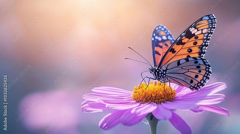 Butterfly perched on a pink flower, basking in light. Butterfly perched on a pink flower, basking in light.