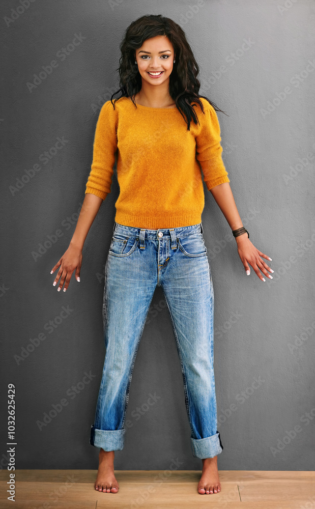 Girl, fashion and pride in portrait for trendy outfit, casual and relaxed on gray background. Female person, gen z and cool with confidence, clothes and happiness for style, aesthetic and positivity Girl, fashion and pride in portrait for trendy outfit, casual and relaxed on gray background. Female person, gen z and cool with confidence, clothes and happiness for style, aesthetic and positivity
