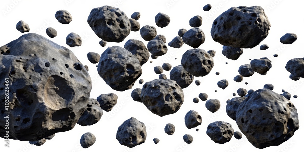 Captivating Realistic Asteroid Cluster Against White Background, Cosmic Chaos and Isolation in Detailed 3D Rendering Captivating Realistic Asteroid Cluster Against White Background, Cosmic Chaos and Isolation in Detailed 3D Rendering