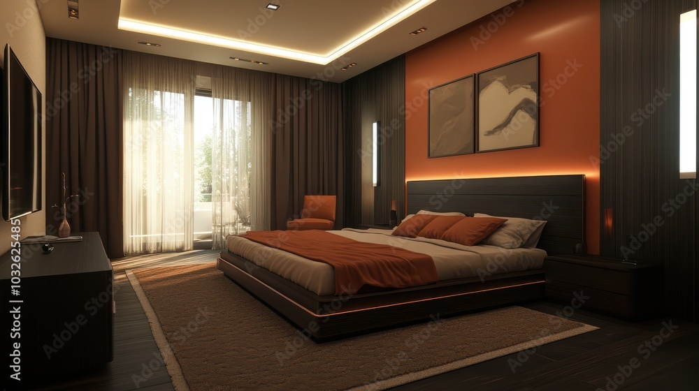 Modern luxury interiors designs. Empty painted wall.dark accent furniture and blank background.Bedroom interior trend 2024 year Modern luxury apricot room interior home designs Modern luxury interiors designs. Empty painted wall.dark accent furniture and blank background.Bedroom interior trend 2024 year Modern luxury apricot room interior home designs