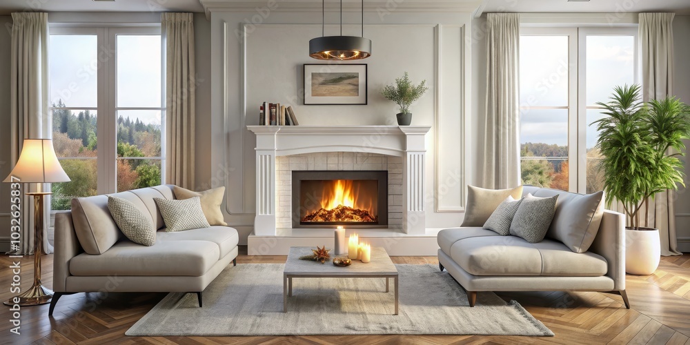 Fototapeta premium Cozy Fireplace Living Room Interior, Symmetrical Composition with Neutral Palette, Warm Atmosphere, Home Decor Inspiration